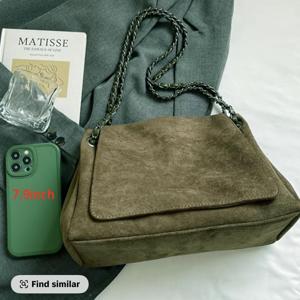 Olive Suede Chain Shoulder Bag - Picture 3 of 5